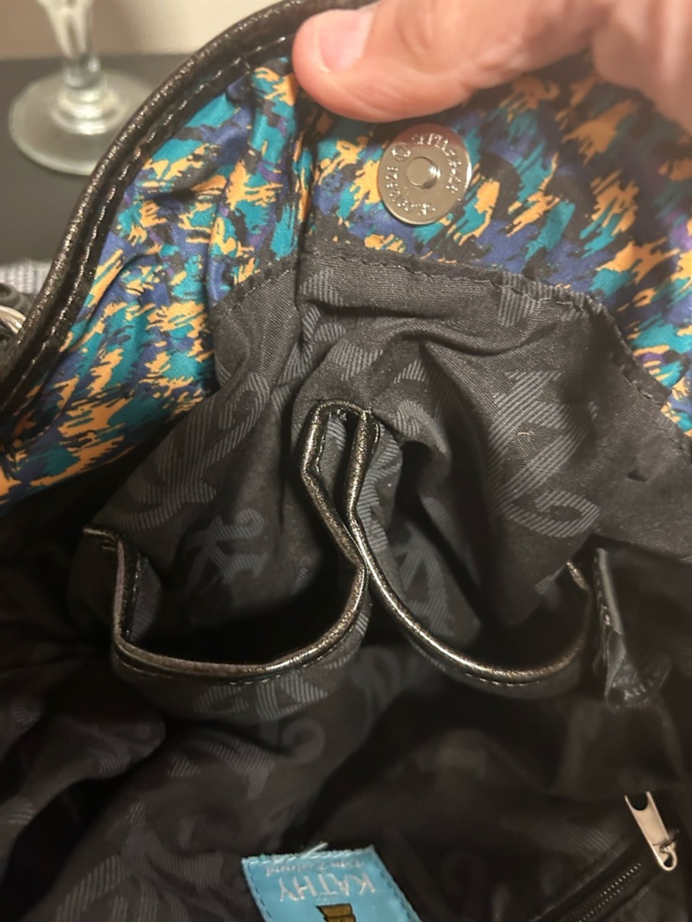 Kathy Van Zeeland Y2K Ruffle Top Teal, Gold & Black Patterned Shoulder Bag - Picture 15 of 15